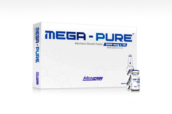 Mega-Pure by Meditech (Mechano Growth Factor) for sale. Original Mega-Pure by Meditech is a lyophilized (freeze-dried) white powder packed in a sealed box containing 2mg/vial x 10 vials of PEG-MGF. Sterile water solution is included for free.