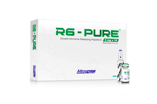 R6-Pure by Meditech – GHRP-6 kit (Growth Hormone Releasing Peptide-6) for sale. Original R6-Pure 5mg GHRP-6 by Meditech is a lyophilized (freeze-dried) white powder packed in a sealed box containing 10 x 5mgu/vials of GHRP-6 and 10 x 2ml amps. of sterile water solution.